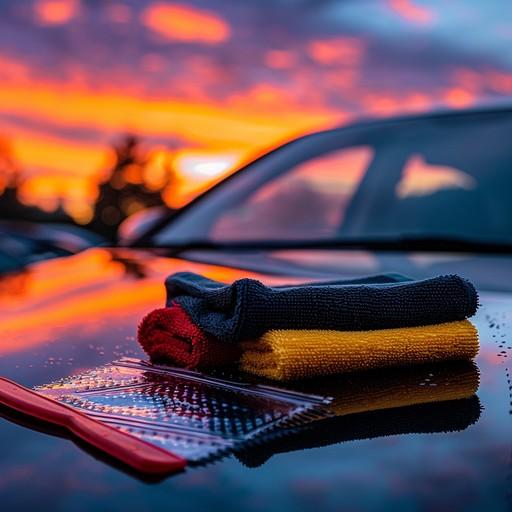 Detailing cloths on a car bonnet at sunset